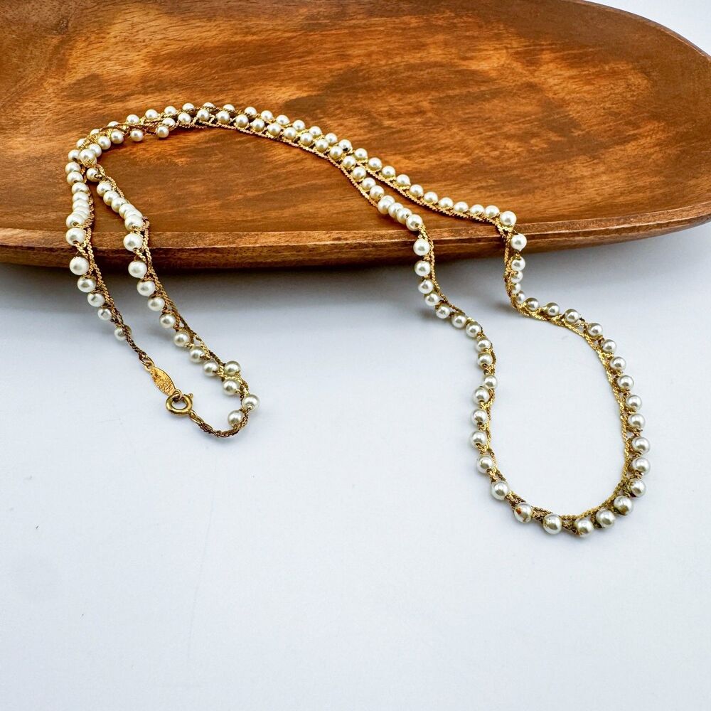 Signed Napier Gold Tone Faux Pearl Long Necklace Vintage Layered Rope Chain